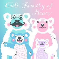 Cute card with a family of bears. Dad hugs mother and children.