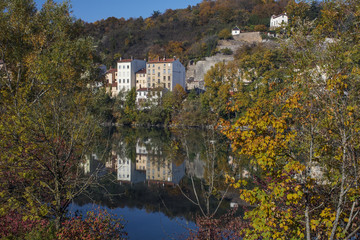 Modern french houses near the river in the fall