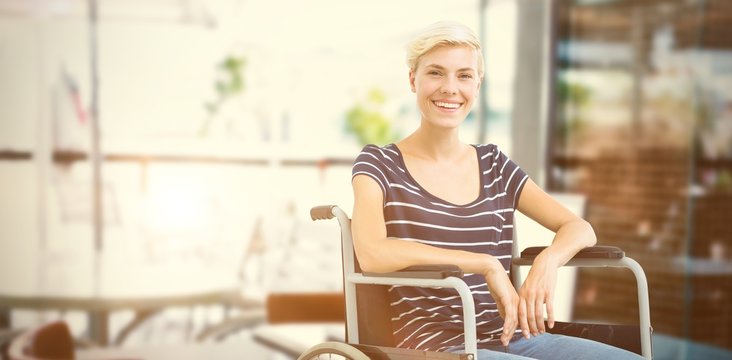 Composite image of smiling woman in a wheelchair