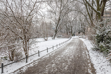 winter view of a snowy road by the river