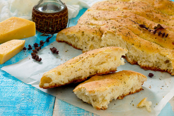 Italian focaccia bread with cheese, selective focus.