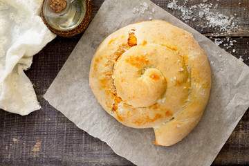 Italian focaccia bread with paprika Lucan, top view