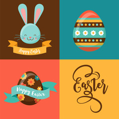 Fototapeta premium Colorful Happy Easter greeting card with rabbit, bunny, eggs and banners