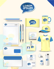 Abstract yellow and blue logo and corporate identity template realistic set of cups, business card, letterhead, envelope, drive, usb memory sticks and pen. Vector illustration