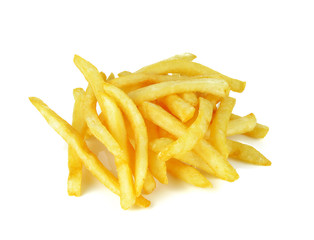 a pile of appetizing french fries on a white background