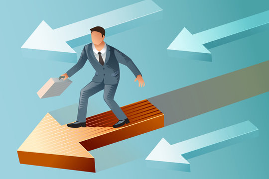 Businessman standing on a moving arrow.The business advantage.The better of business.Illustration for idea of business.Approach to communication for business. Graphic design and vector EPS 10.