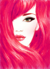 Beautiful woman face. Long healthy hair. Abstract fashion watercolor illustration