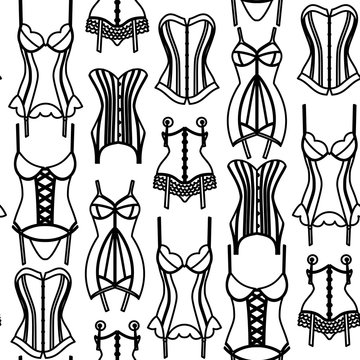 Black lingerie line art seamless pattern on white background