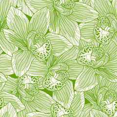 Green and white orchid drawing seamless pattern