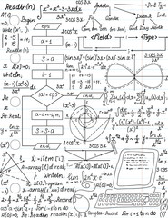 Vector seamless pattern with mathematical formulas and programming code, "handwritten on the linear paper sheet"