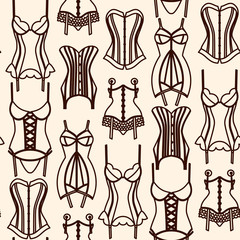 Brown lingerie line art seamless pattern on beige background