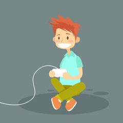 Little Boy Holding Joystick Playing Computer Video Game