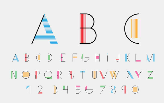 Black alphabetic fonts and numbers with color lines. Vector eps10 illustrator.