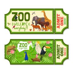 Colorful Zoo Tickets With Tropical Background   - obrazy, fototapety, plakaty