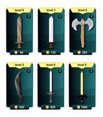 Interface game design resource includes game weapons from various metal materials and resource icon for mobile and online game. Playing cards with weapons.