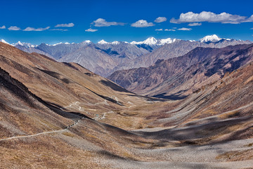 Karakorum Range and road in valley, Ladakh, India