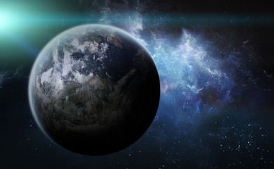 Obraz na płótnie Canvas Sunrise over exoplanet Earth in space
