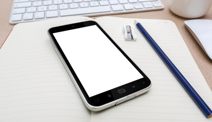 Workplace with modern mobile phone