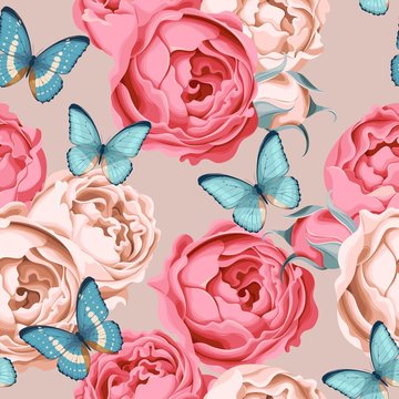 Seamless peony roses and butterfly