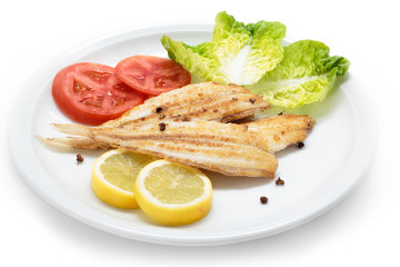 Grilled wedge sole and vegetables. Spanish sole fish