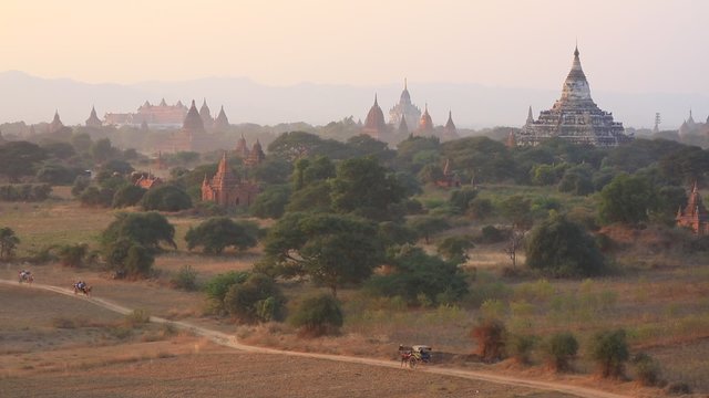 The Horse car in the plain of Bagan at sunset, Bagan, Myanmar 