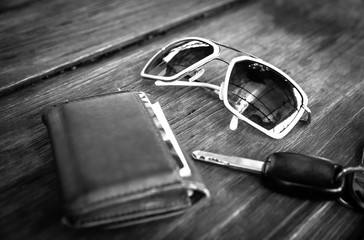 sunglasses with wallet and car remote key
