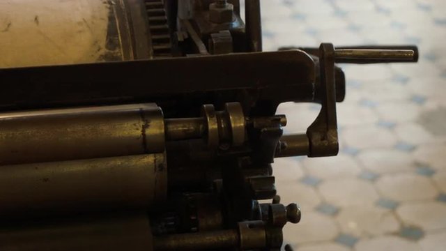 Close up of Gutenberg's press in a vintage Soviet typography factory in Russia