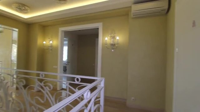 Panorama hall with a staircase in fashion house. View showcase of modern elegant luxury apartment interior design decoration of area living rooms in stylish contemporary feel house. Home furnishings.