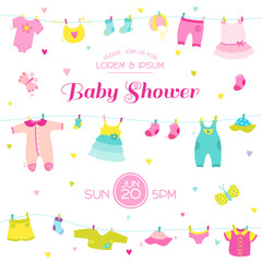 Fototapeta na wymiar Baby Shower or Arrival Card - Cute Baby Girl Elements