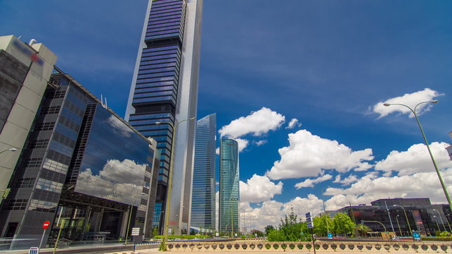 skyscrapers timelapse hyperlapse in the Four Towers Business Area with the tallest skyscrapers in Madrid and Spain 