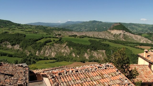 View to the countryside landscape from the medieval fortress in San Leo, Italy.