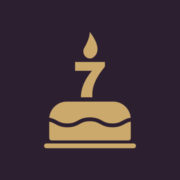 The birthday cake with candles in the form of number 7 icon. Birthday symbol. Flat