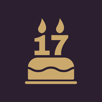 The birthday cake with candles in the form of number 17 icon. Birthday symbol. Flat