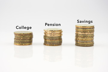 Coins stack in row with College, Pension and Savings label on white background, financial concept.