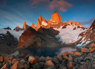 Mount Fitz Roy in the red light of sunrise. Patagonia. Argentina.