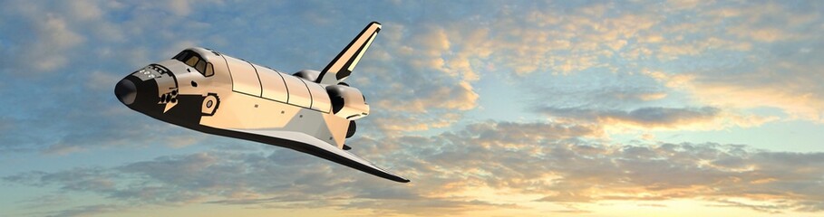 Space Shuttle fly in the sky at sunset - panorama