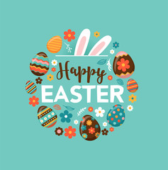 Fototapeta premium Colorful Happy Easter greeting card with rabbit, bunny and text