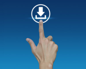 Hand pushing button web download icon over blue background