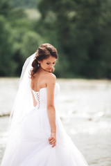 Beautiful luxury young bride in long white wedding dress and veil standing near river with mountains on background