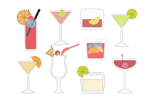 Set of Cocktails and Drinks on a White Background.