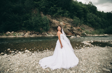 Fototapeta na wymiar Beautiful luxury young bride in long white wedding dress and veil standing near river with mountains on background