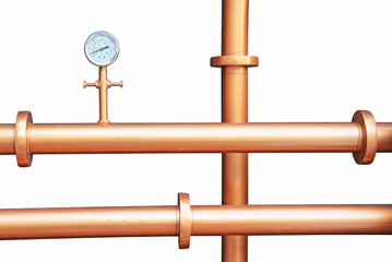 Pressure gauge meter installed on copper pipes isolated on white background