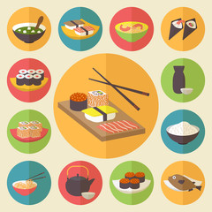 Sushi, Japanese cuisine, food icons set, flat design vector.