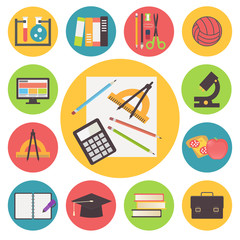 Back to school, vector icons set, flat design illustration.