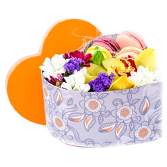 Closeup of  Flowers and macaroon in a box of heart shape (Shallo
