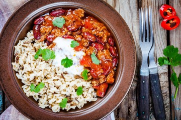 Homemade chili with beans and wild rice closeup