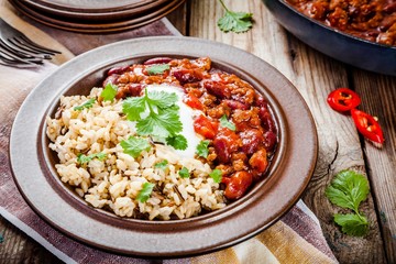 Homemade chili with beans and wild rice