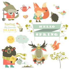 Set of cartoon characters and spring elements