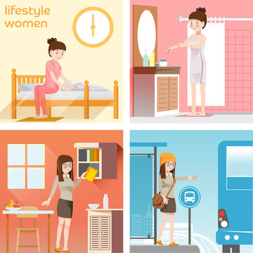 Lifestyle woman.Daily routine of person.Working women life.Morning life.Wake-up,Cleaning,Breakfast and move.Illustration for idea of lifestyle.Flat character design. Graphic design and vector EPS 10.