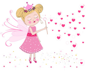 Cute fairy blows soap bubbles. Heart balloon bubbles. Valentine's Day greeting card vector